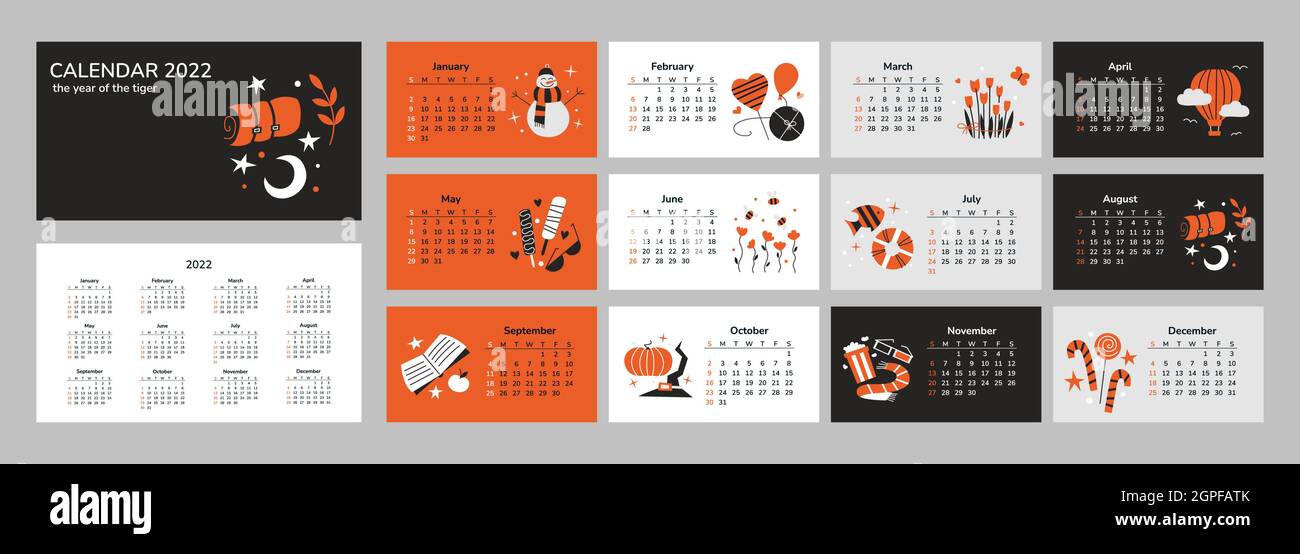 Horizontal calendar 2022. Happy New Year 2022. Tiger year. Desk table corporate planner vector template. Pages and cover. Seasons love flowers Stock Vector