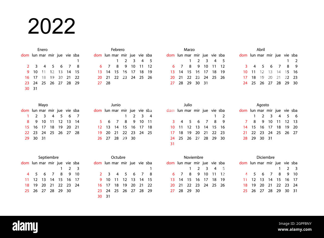 2022 year black and red spanish calendar. Month countdown page set. Day,  week. Date and schedule. Printable version template simple design.  Corporate Stock Vector Image & Art - Alamy