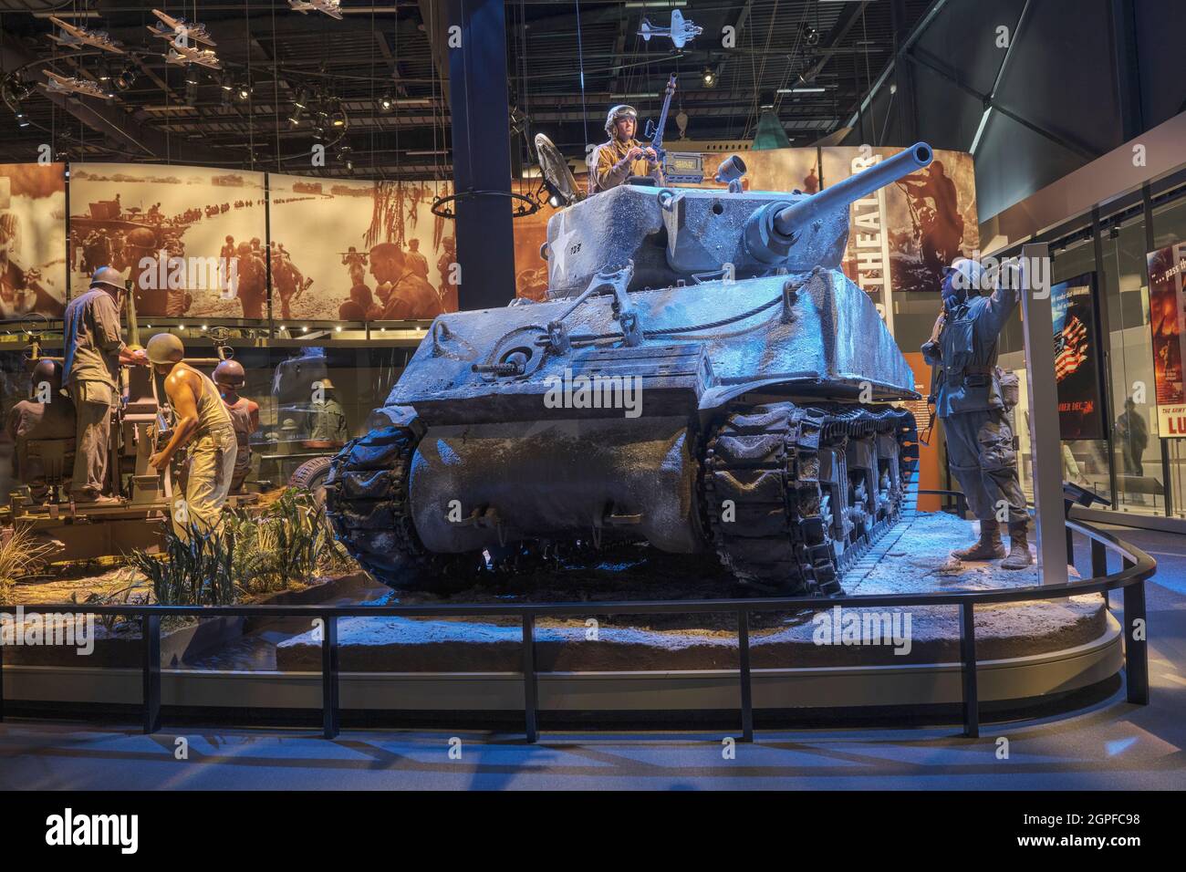 An M4 Sherman tank in winter during WWII. At the National Museum of the United States Army at Fort Belvoir, Virginia. Stock Photo