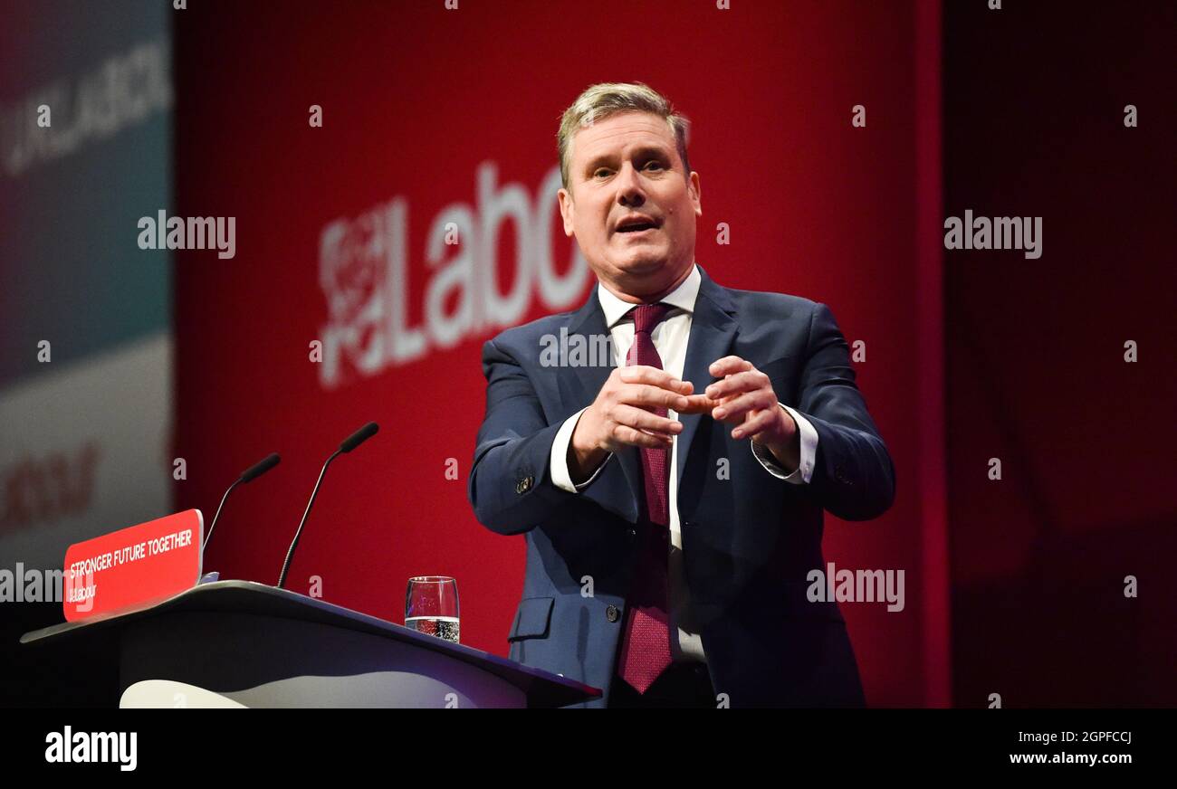 Brighton UK 29th September 2021 - Sir Keir Starmer with  giving his speech to the Labour Party Conference today at the Brighton Centre  : Credit Simon Dack / Alamy Live News Stock Photo