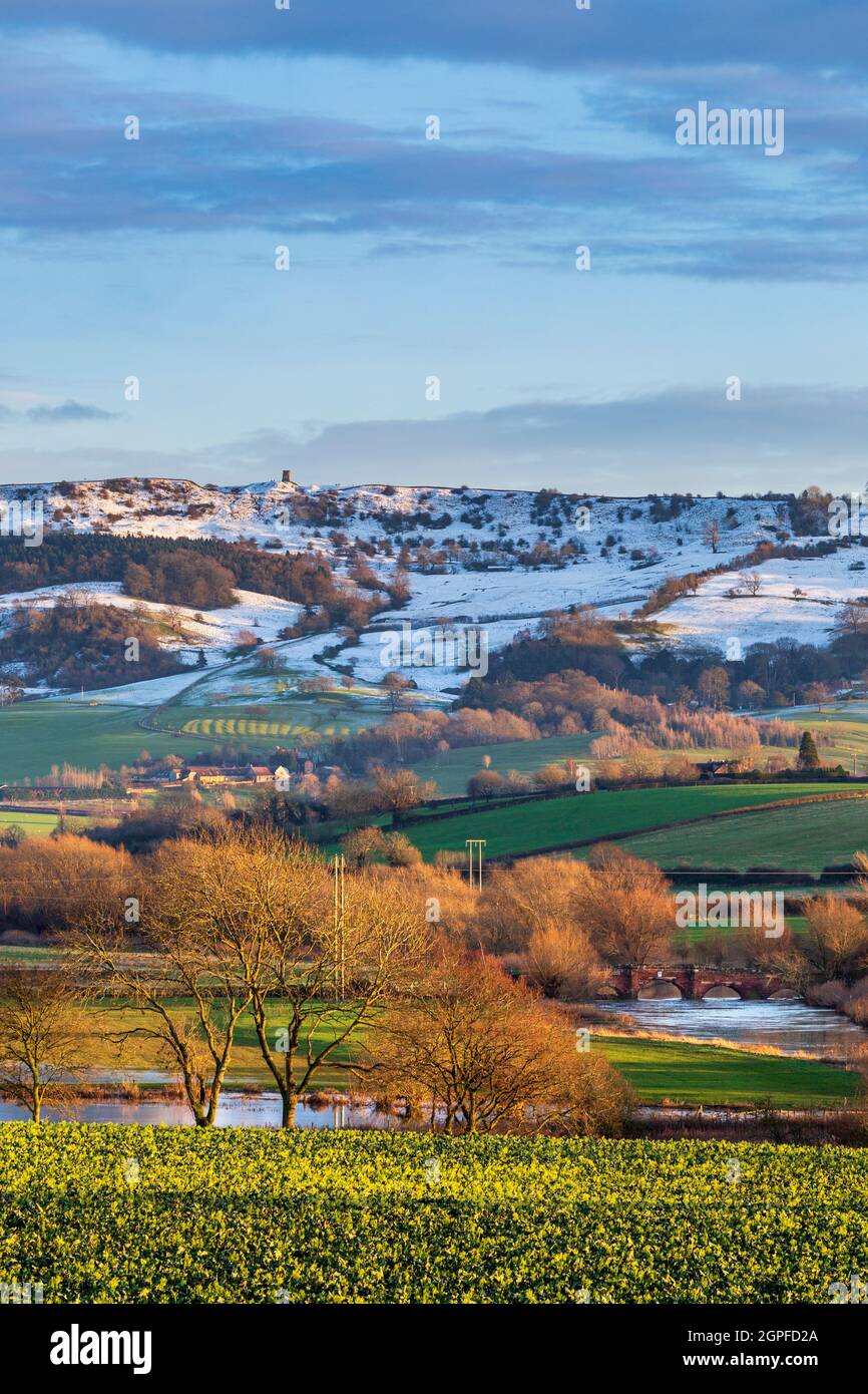 A late winter's afternoon view of Bredon hill and Eckington bridge, Worcestershire, England Stock Photo