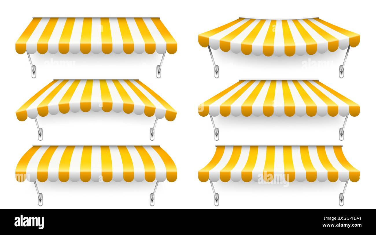 Shop sunshade with metal mount. Realistic yellow striped cafe awning ...