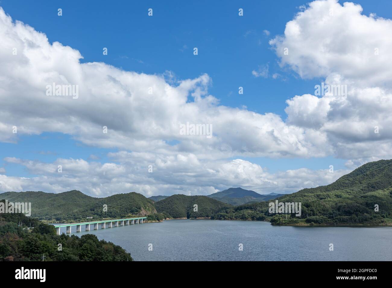 landscape of beautiful blue sky with white clouds, Imdong dam reservoir, Andong, Korea Stock Photo