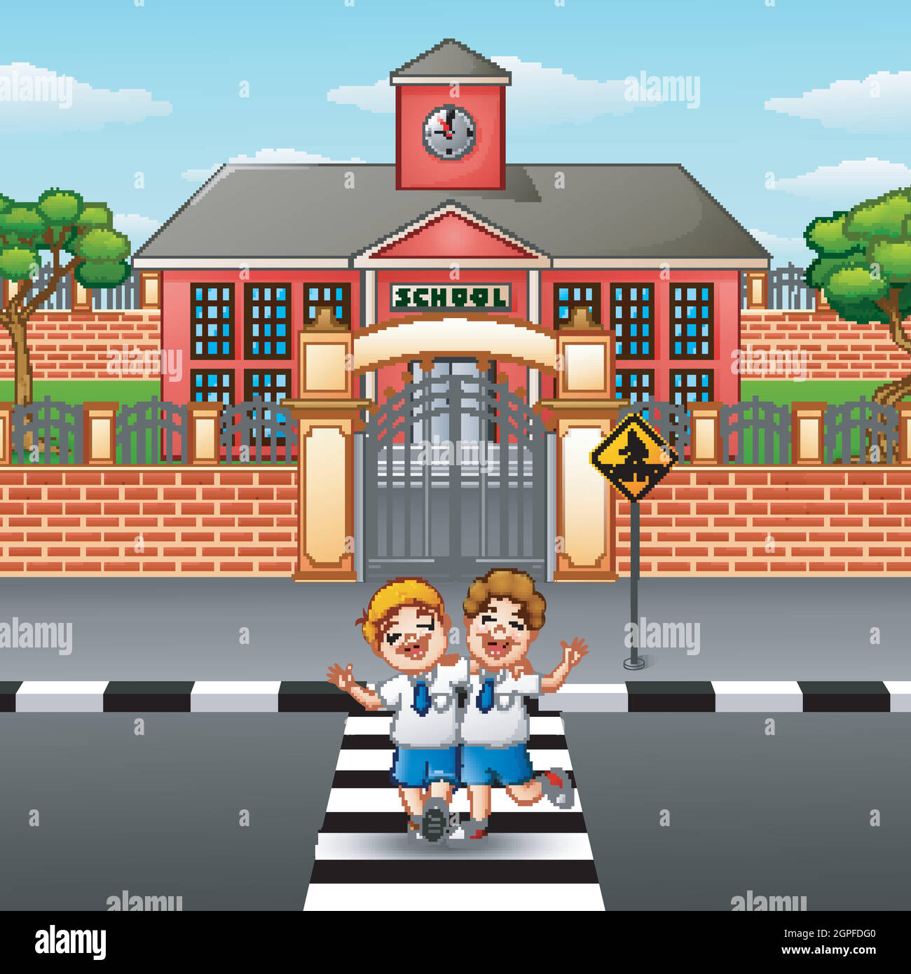 Two students crossing the road Stock Vector