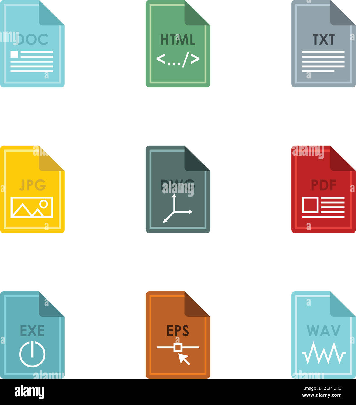 Document types icons set, flat style Stock Vector