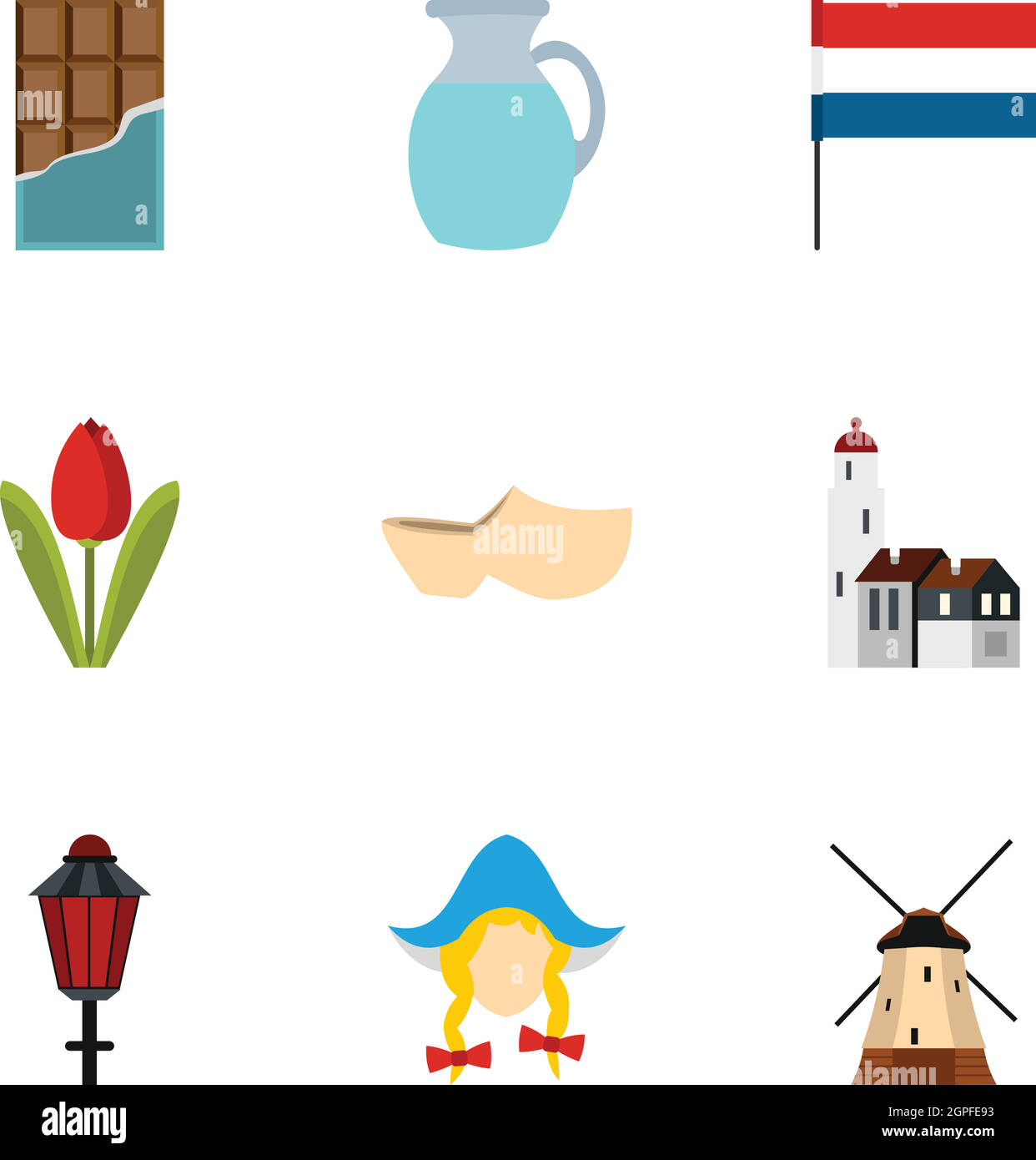 Country Holland icons set, flat style Stock Vector