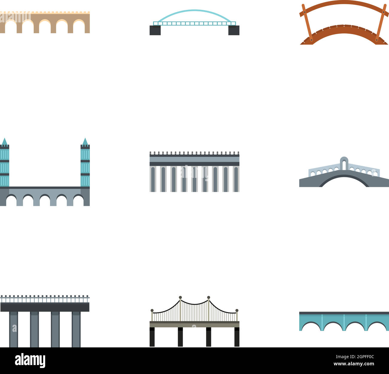 Facility for crossing river icons set, flat style Stock Vector