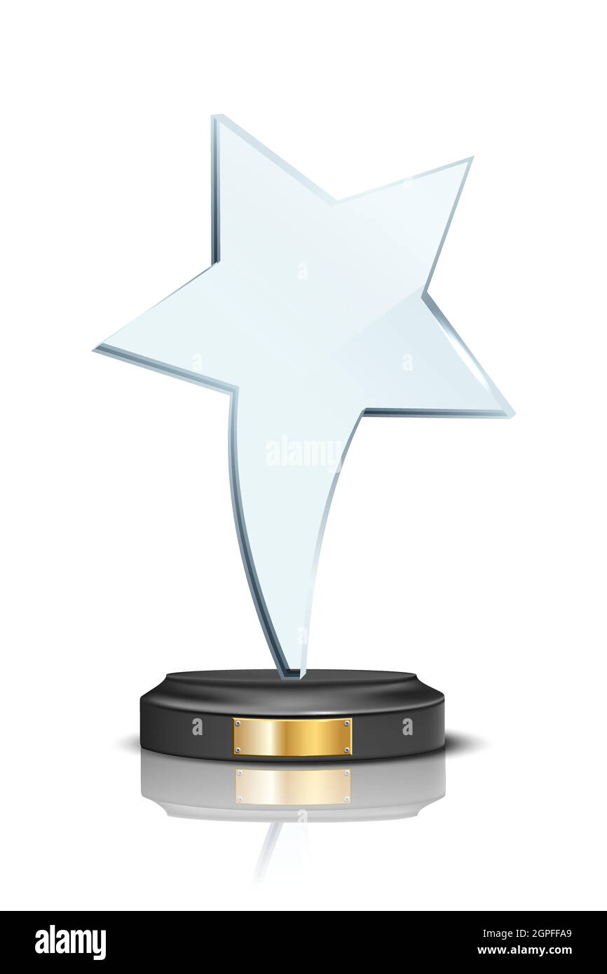 Award trophy, star shaped glass prize statue on white background. Champion glory in competition