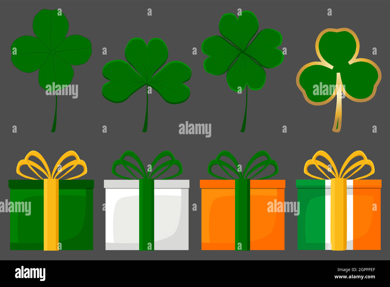 Irish holiday St Patrick day, big set gift boxes with ribbon Stock
