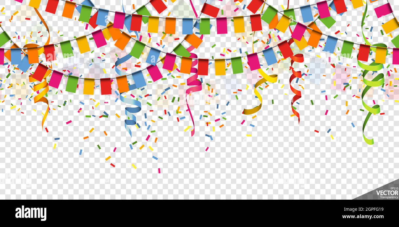 colored garlands, streamers and confetti party background Stock Vector