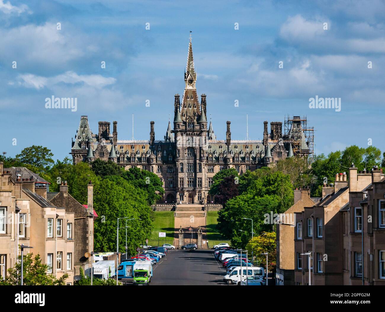 Scots baronial style Fettes College independent school building by David Bryce on sunny day, Edinburgh, Scotland, UK Stock Photo