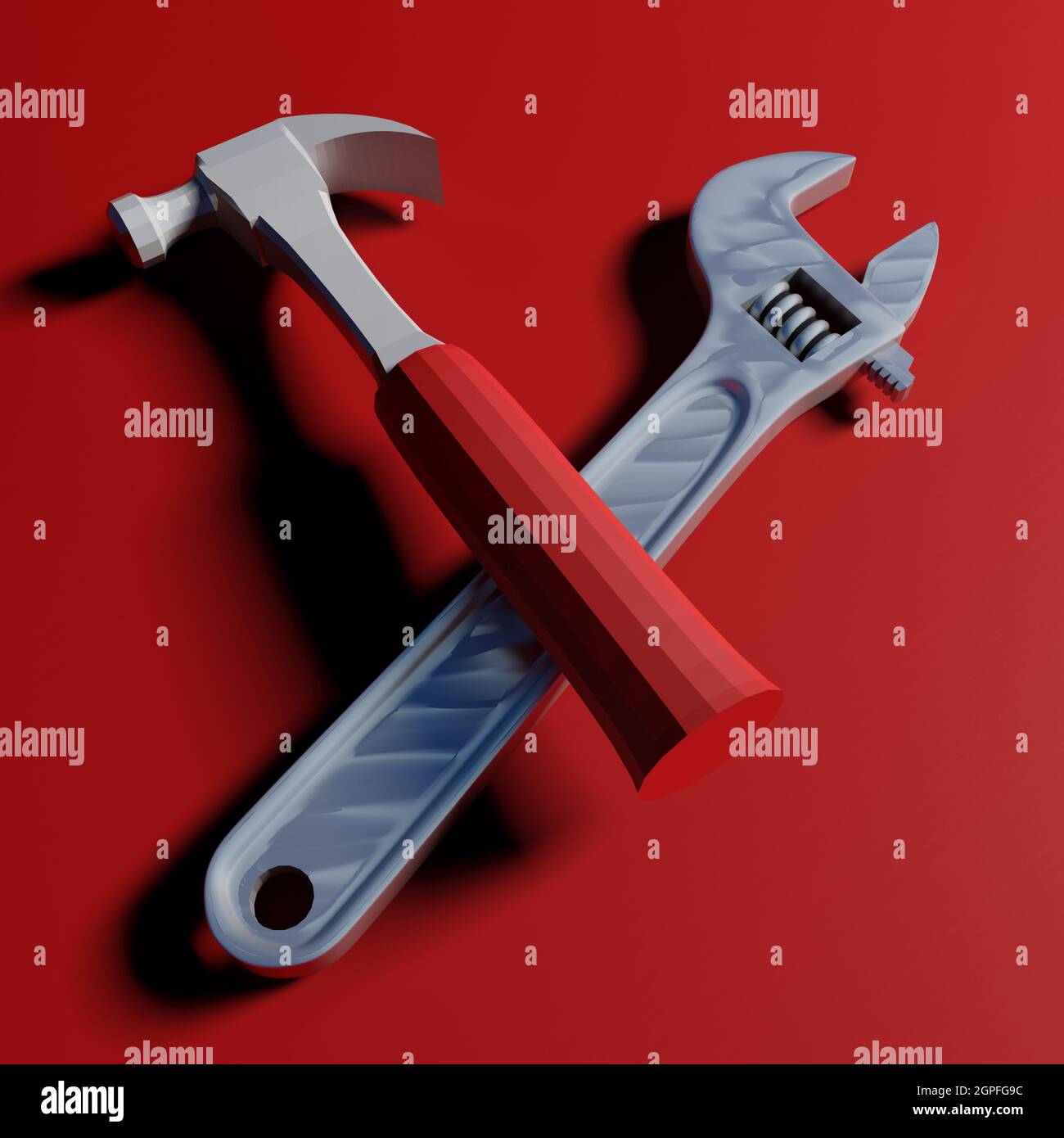 Hammer and wrench icon on red clean background 3D rendering