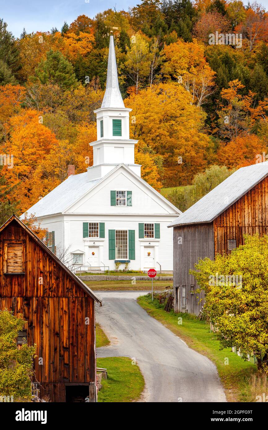 Fall foliage surrounding New Hope United Methodist Church, Waits River, Vermont, USA Stock Photo