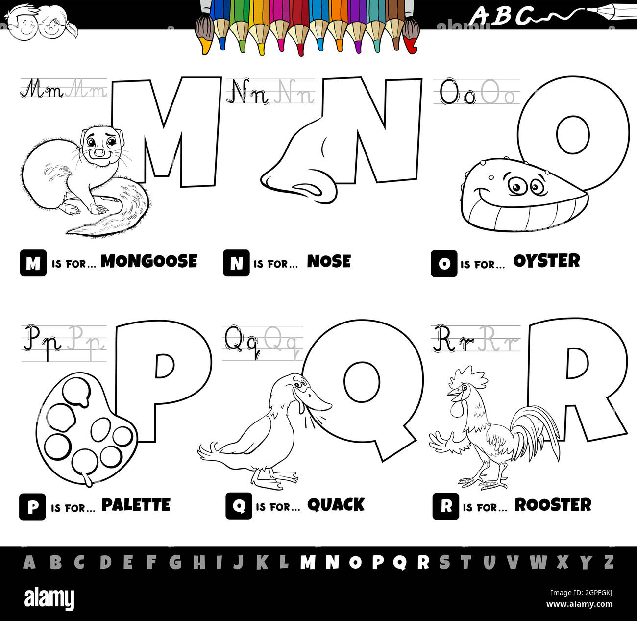 educational cartoon alphabet letters set from M to R color book page Stock Vector
