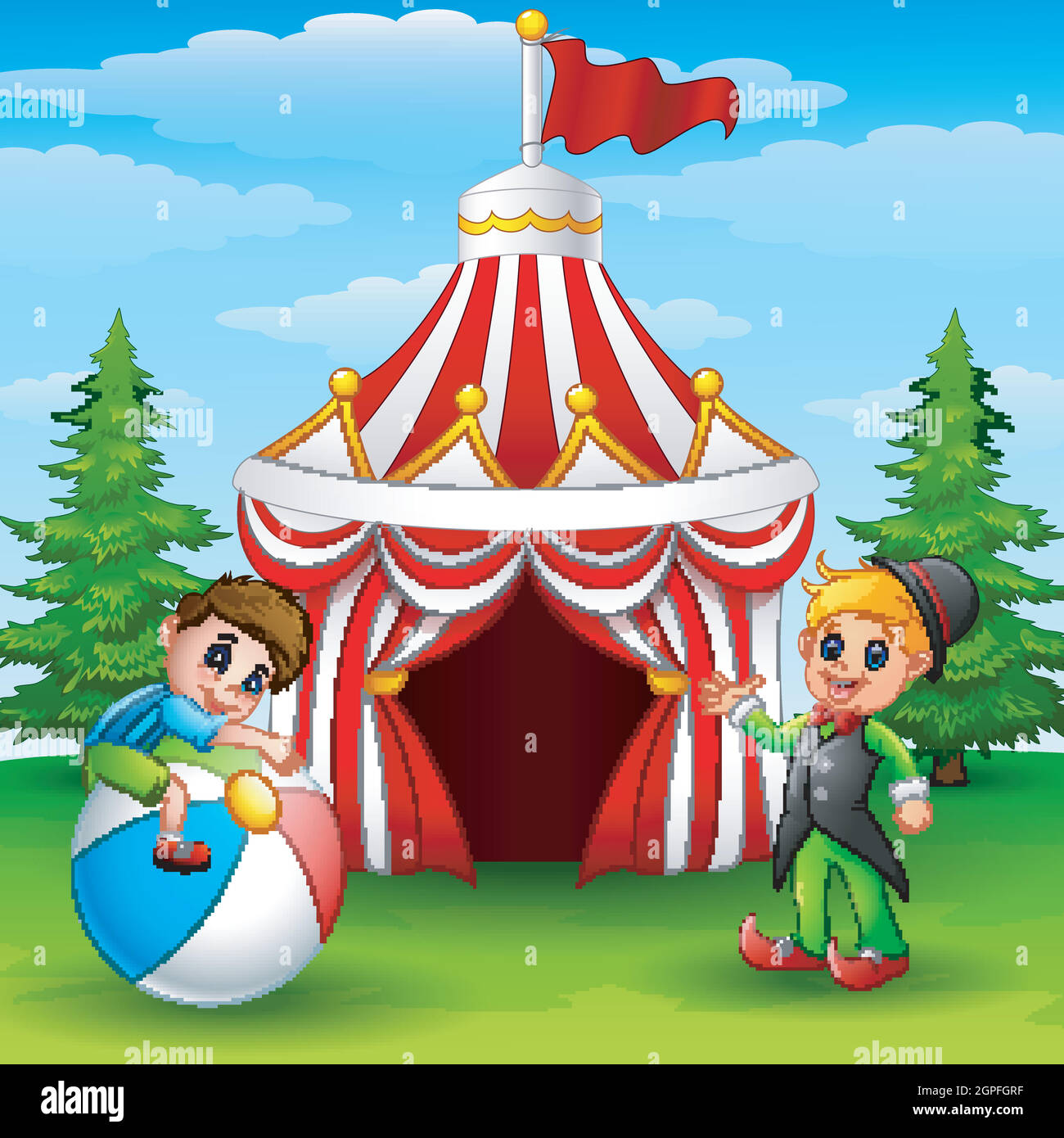 Cute boy on colorful ball and elf waving hand on the circus tent background Stock Vector