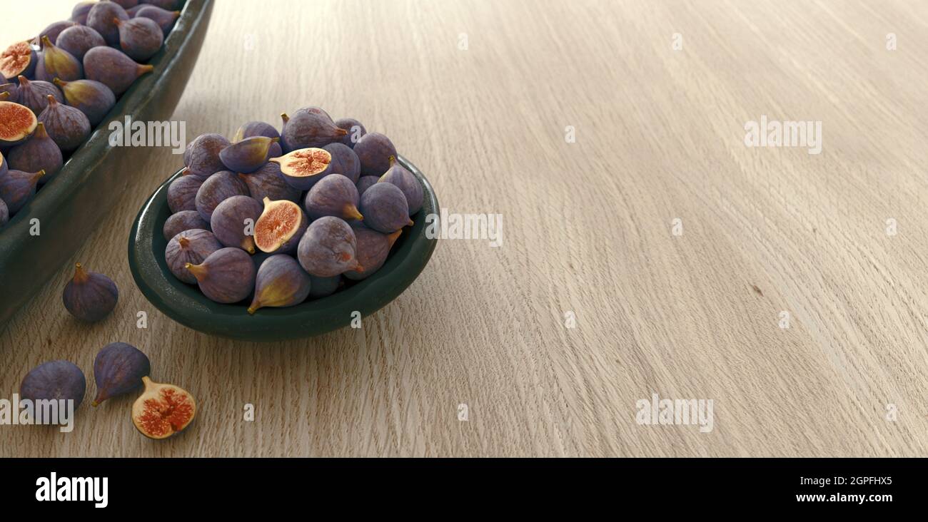 Fresh fig fruits on a wooden table. 3d rendering Stock Photo