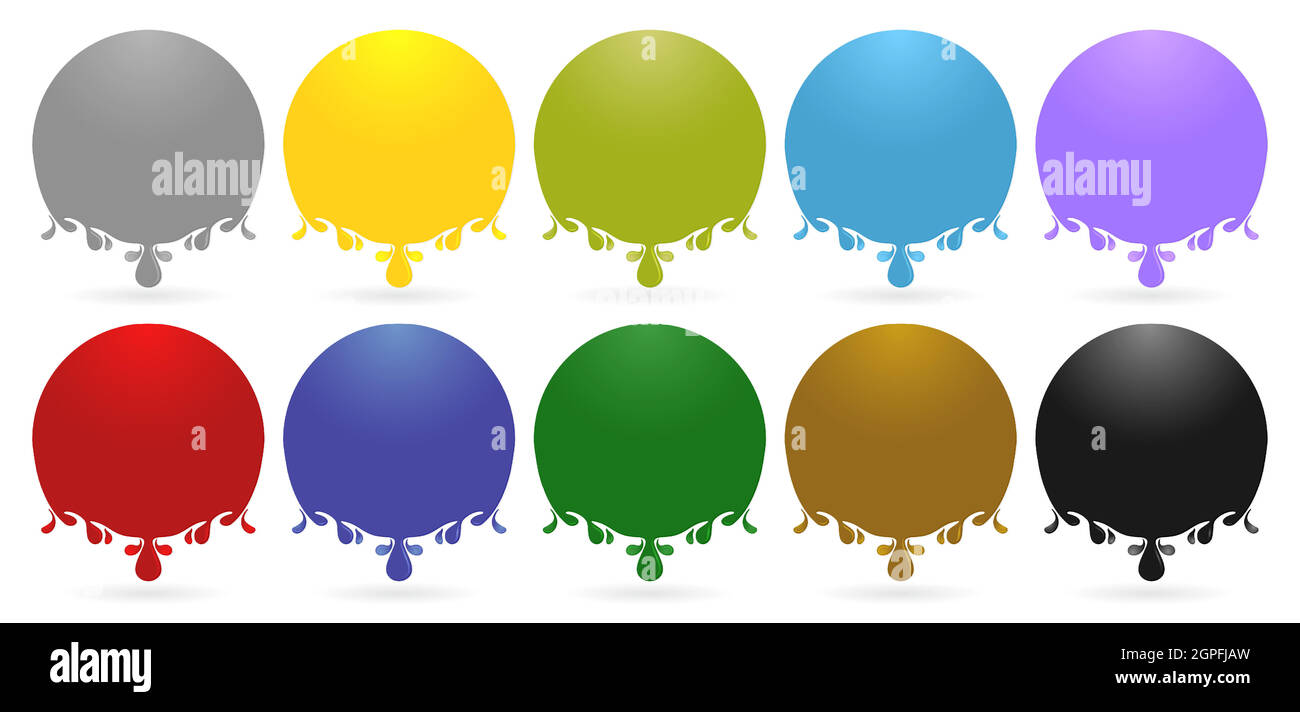 Label drops ellipse models with ten variation color isolated white backgrounds, liquids drops. Colorful droplets of oil, honey, ink paint, olive, water, lubricant and blood drop realistic vector set. Stock Vector