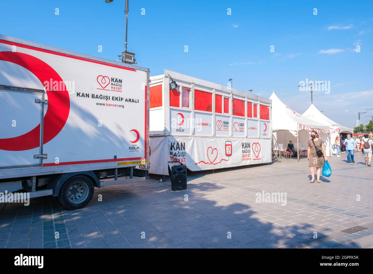 Eminonu, Istanbul, Turkey - 07.05.2021: operation field of Turkish Red Crescent (Türk Kizilay) parked in square in a hot summer day with copy space an Stock Photo