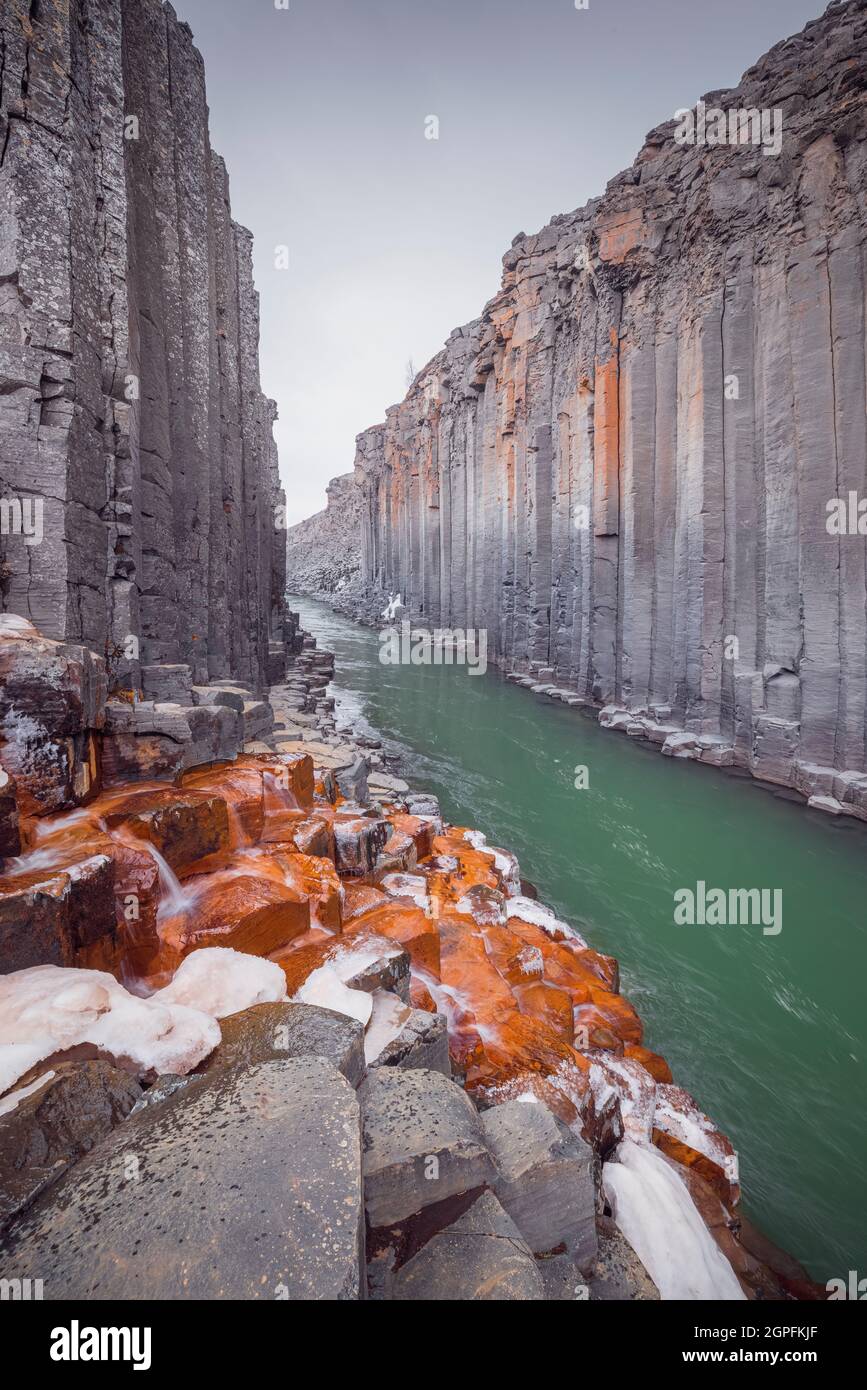basalt column canyon with geometric shapes Stock Photo