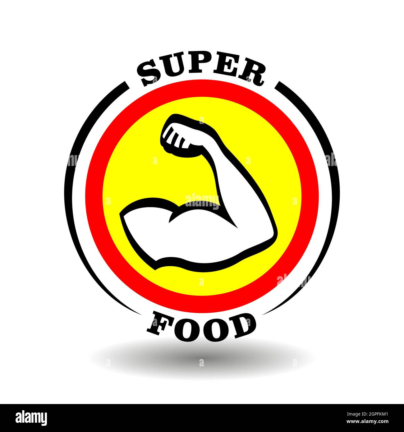 Creative round logo Super Food with muscle male arm icon, strong shoulder sign, athletic man hand pictogram for healthy meal symbol, sport nutrition l Stock Vector
