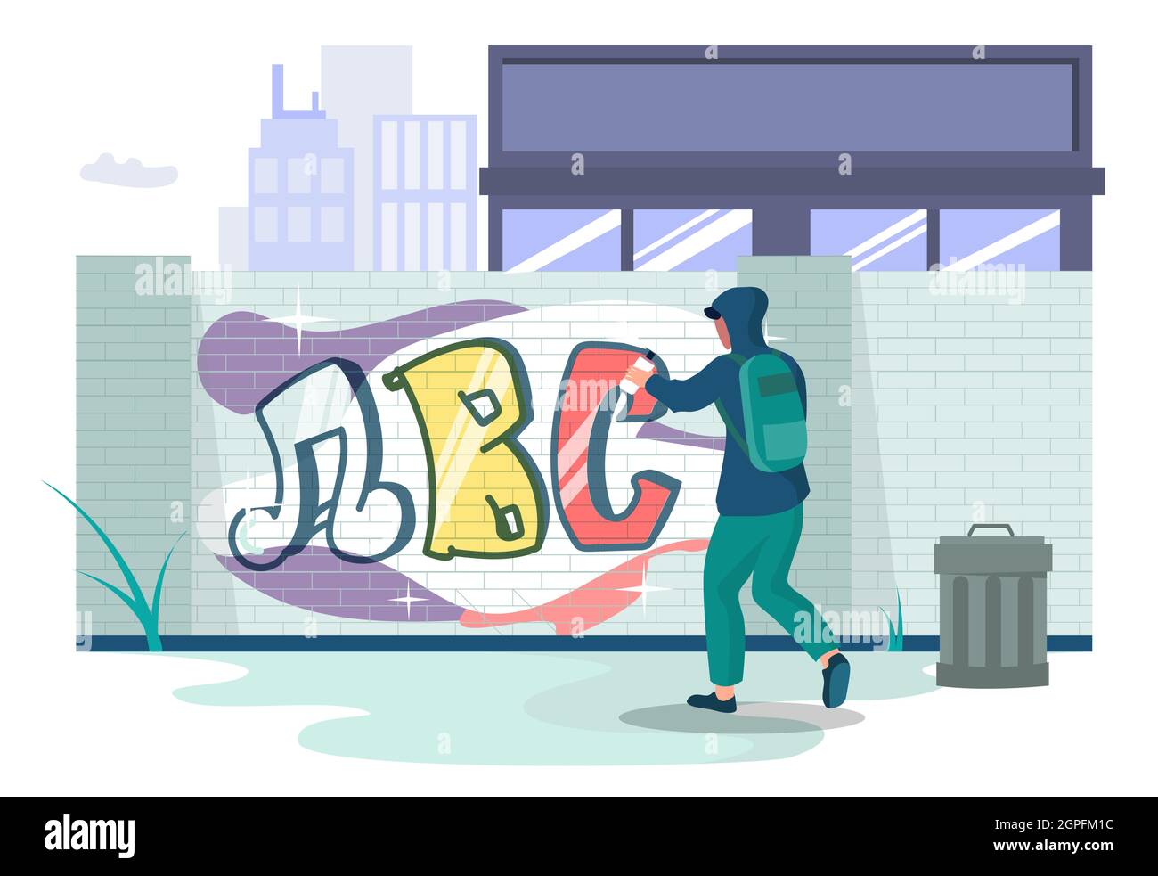 Graffiti art artist teenager wearing hoodie painting wall with paint spray, vector illustration. Street art concept. Stock Vector