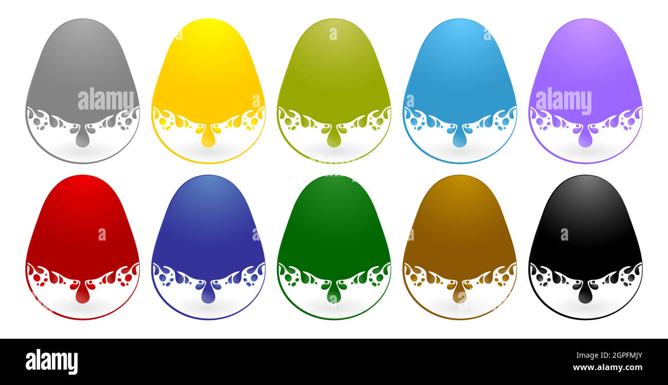 Label drops egg models with ten variation color isolated white backgrounds, liquids drops. Colorful droplets of oil, honey, ink paint, olive, water, lubricant and blood drop realistic vector set. Stock Vector