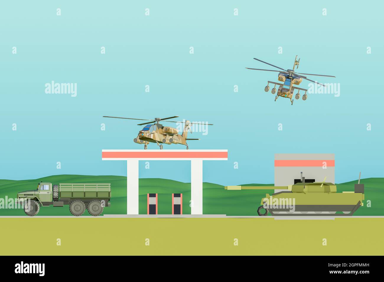 Fuel Shortage Crisis, Army Assistance. 3D Illustration Stock Photo