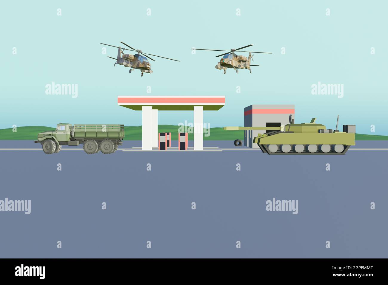 Fuel Shortage Crisis, Army Assistance. 3D Illustration Stock Photo