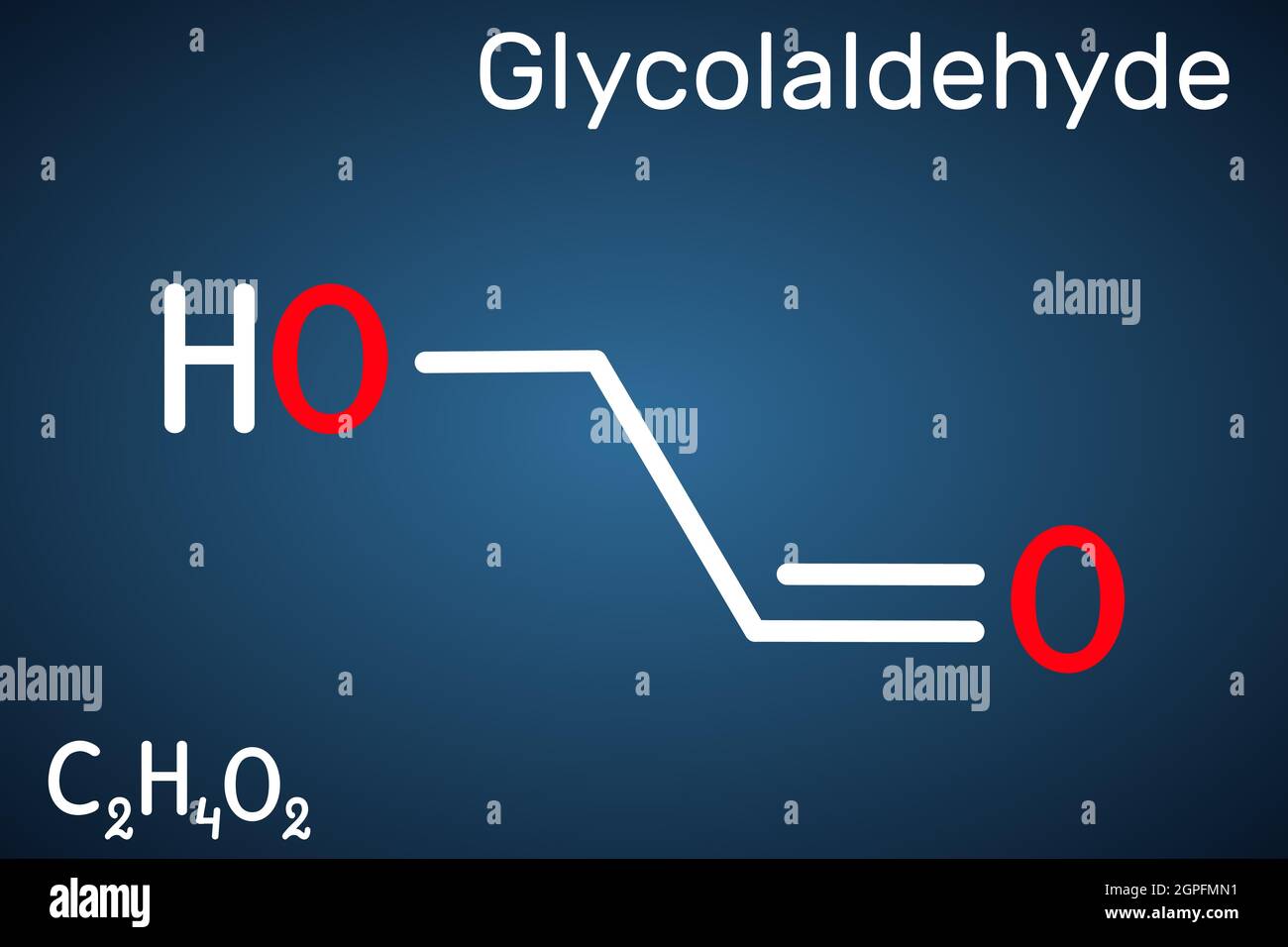 Glycolaldehyde molecule. It contains aldehyde group and hydroxyl group. Structural chemical formula on the dark blue background Stock Vector