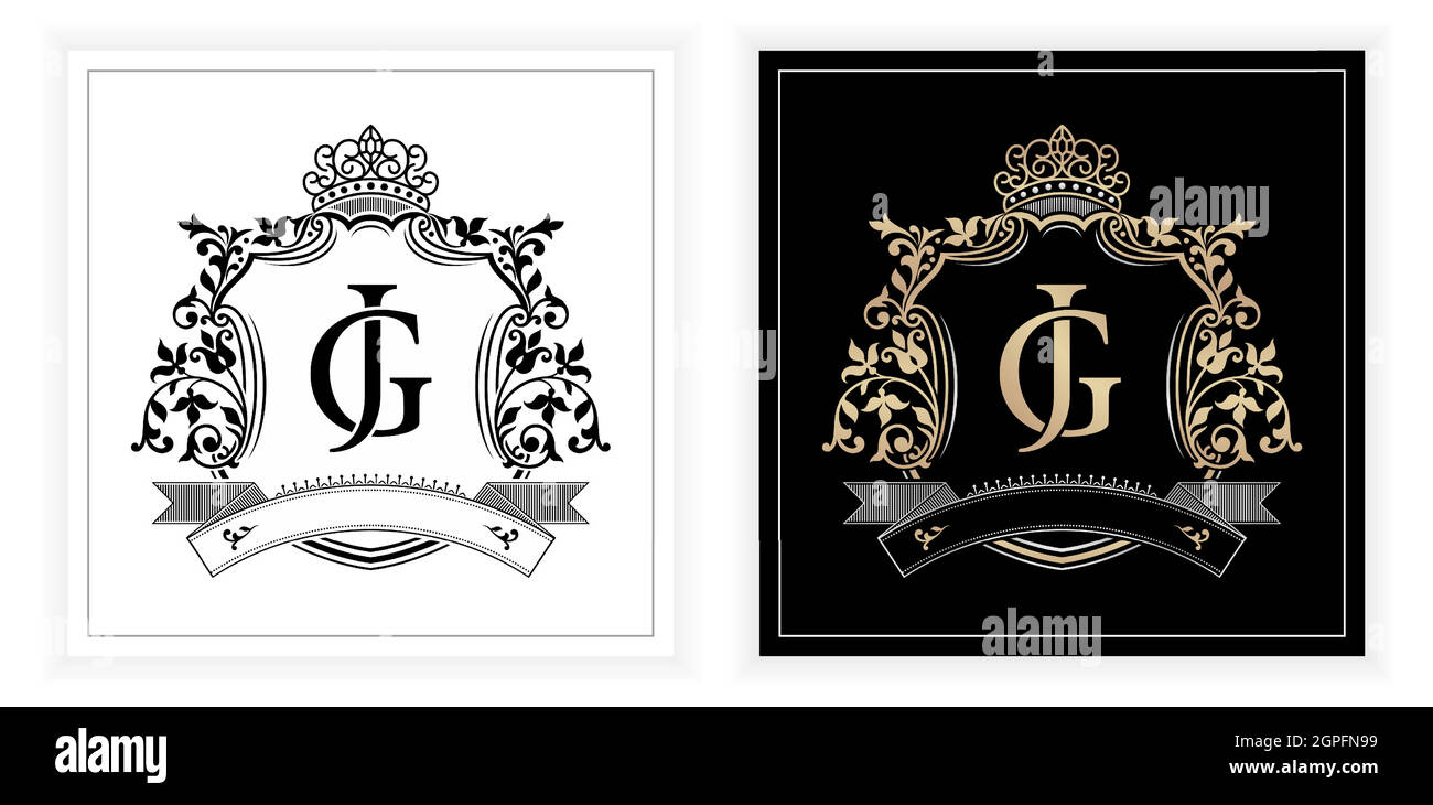 JG or GJ initial letter and graphic name Frames Border of floral designs with two variation colors, JG or GJ Monogram, Applicable for emblem, insignia, initial frames, wedding, fashion and jewelry Stock Vector