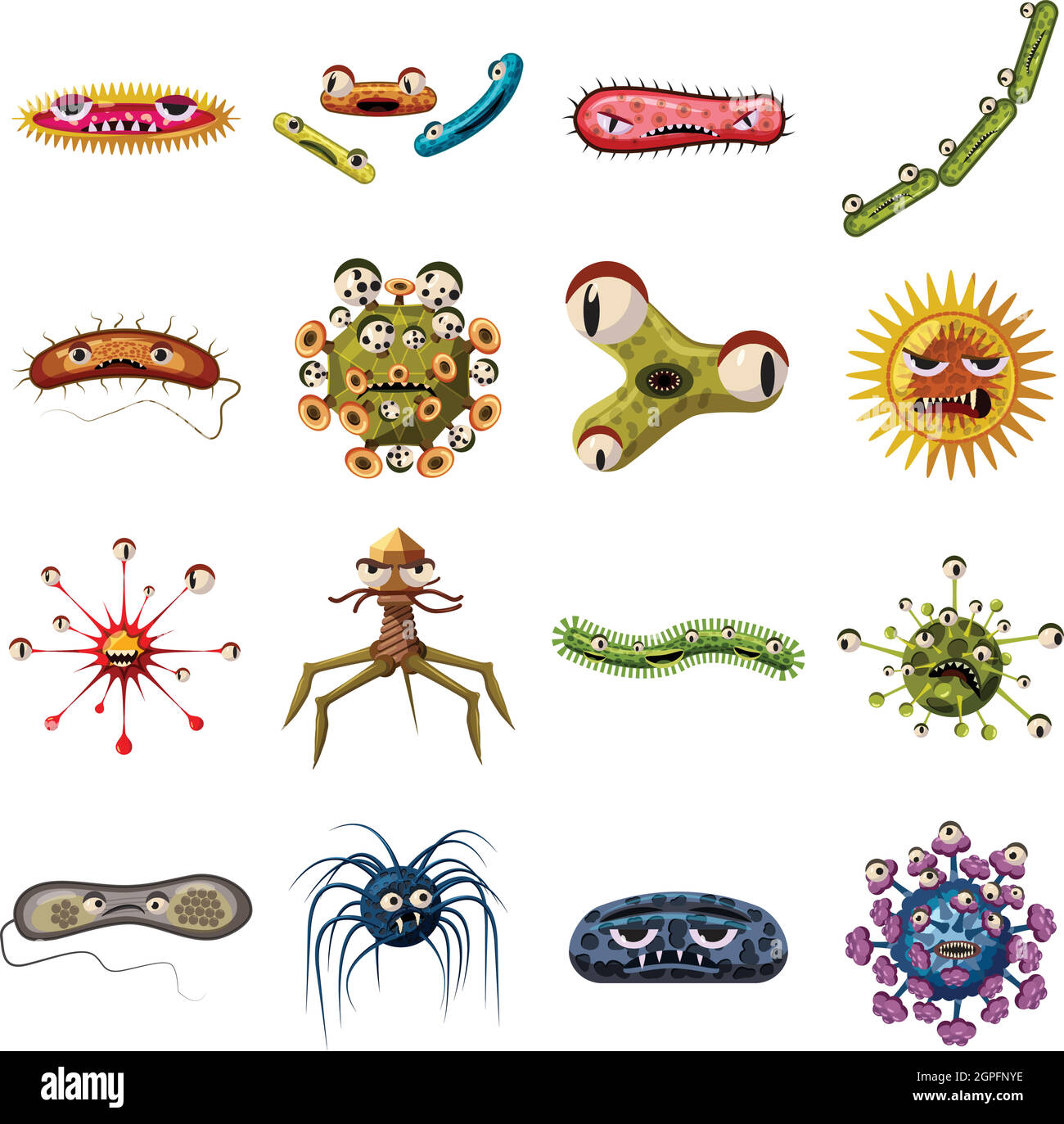 Virus bacteria faces icons set, cartoon style Stock Vector