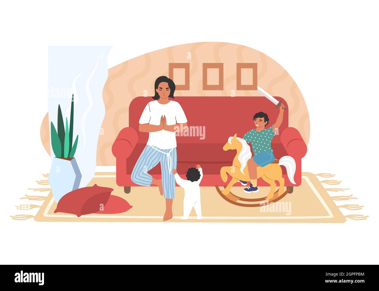 Mother meditating in yoga position, naughty kids playing in the room, flat vector illustration. Parental stress. Stock Vector