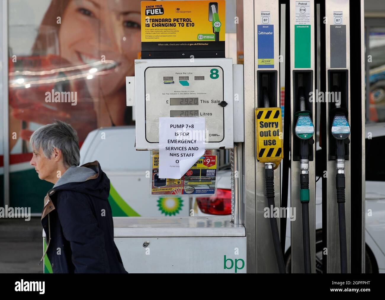 Markfield, Leicestershire, UK. 29th September 2021.  A sign hangs from a petrol pump reserved for the Emergency Service and NHS workers after the government urged people to carry on buying petrol as normal, despite supply problems that have closed some stations. Credit Darren Staples/Alamy Live News. Stock Photo