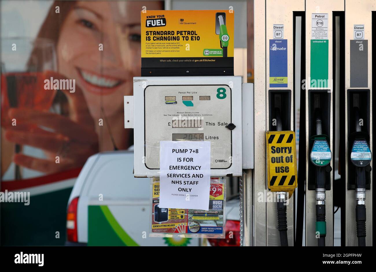 Markfield, Leicestershire, UK. 29th September 2021.  A sign hangs from a petrol pump reserved for the Emergency Service and NHS workers after the government urged people to carry on buying petrol as normal, despite supply problems that have closed some stations. Credit Darren Staples/Alamy Live News. Stock Photo