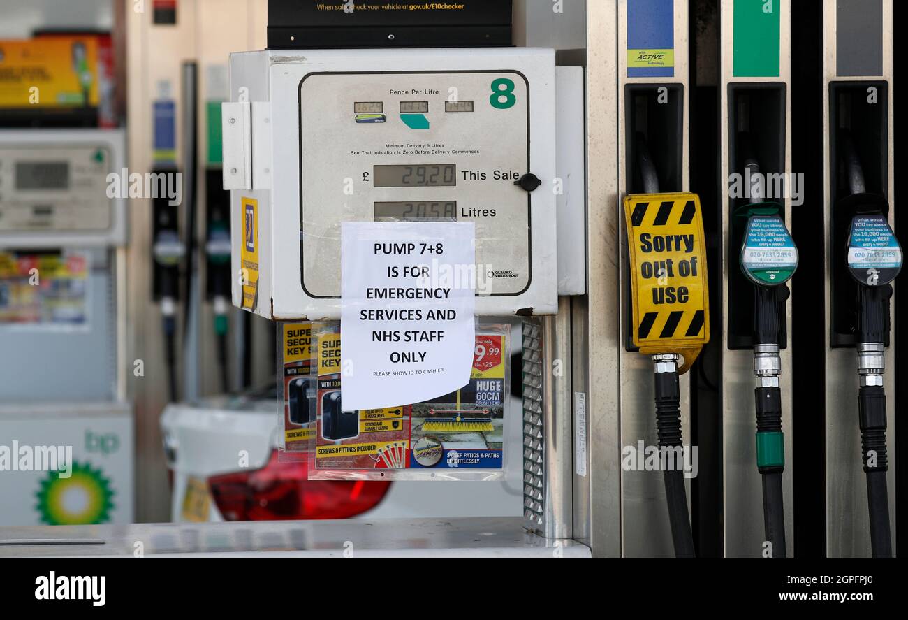 Markfield, Leicestershire, UK. 29th September 2021.  A sign hangs from a petrol pump reserved for the Emergency Service and NHS workers after the government urged people to carry on buying petrol as normal, despite supply problems that have closed some stations. Credit Darren Staples/Alamy Live News. Stock Photo