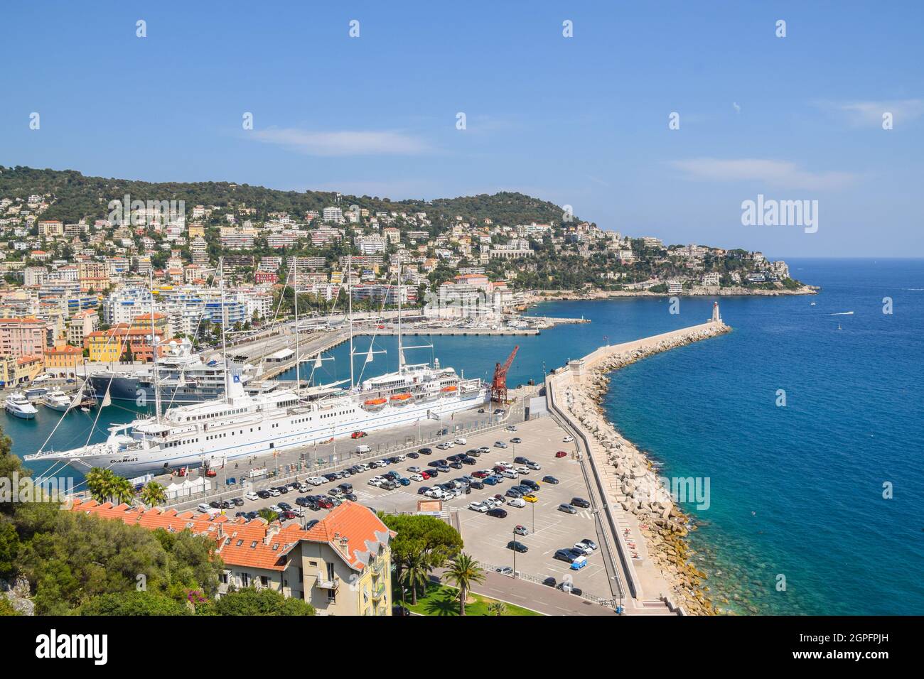 Aerial panoramic view of Port Lympia with a cruise ship, Nice, South of France. Stock Photo