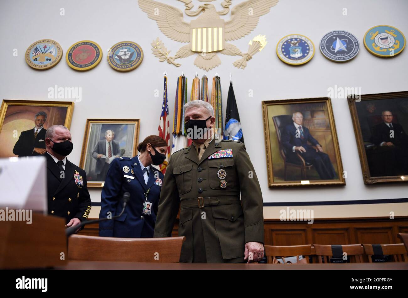 Washington, United States. 29th Sep, 2021. Marine Corps Gen. Kenneth F. McKenzie, commander of US Central Command, arrives at a House Armed Services Committee hearing on the conclusion of military operations in Afghanistan at the Rayburn House Office building on Capitol Hill on Wednesday, September 29, 2021 in Washington, DC. Pool photo by Olivier Douliery/UPI Credit: UPI/Alamy Live News Stock Photo