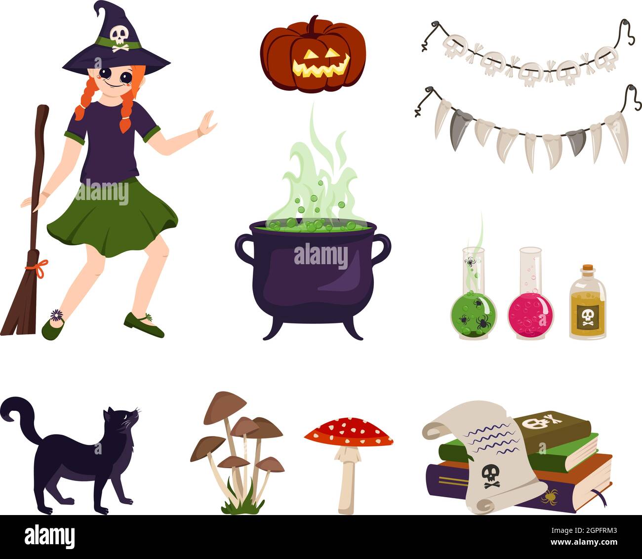Set of festive elements for Halloween. Red haired girl witch with brooms, cauldron and ingredients for making potions and spells Stock Vector