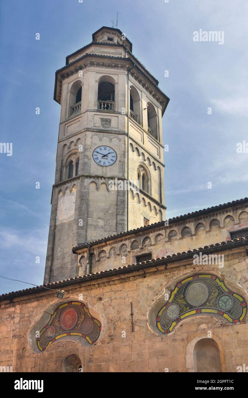 Italian Monuments-Gavi,Alessandria.The bell tower of the ancient church of San Giacomo, the temple that has been in the center of Gavi for 900 years. Stock Photo