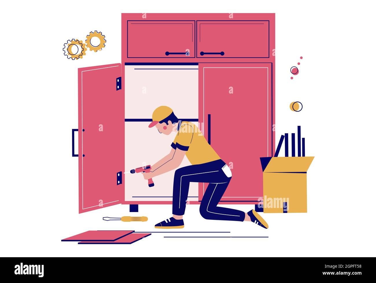 Furniture assembly. Handyman, carpenter, furniture installer assembling wardrobe using hand drill, vector illustration. Stock Vector