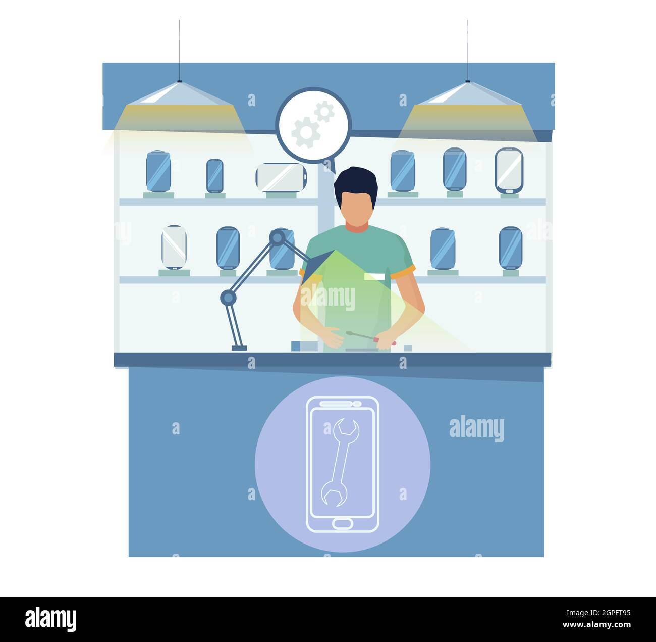 Mobile service center. Repairmen fixing broken cell phone, vector