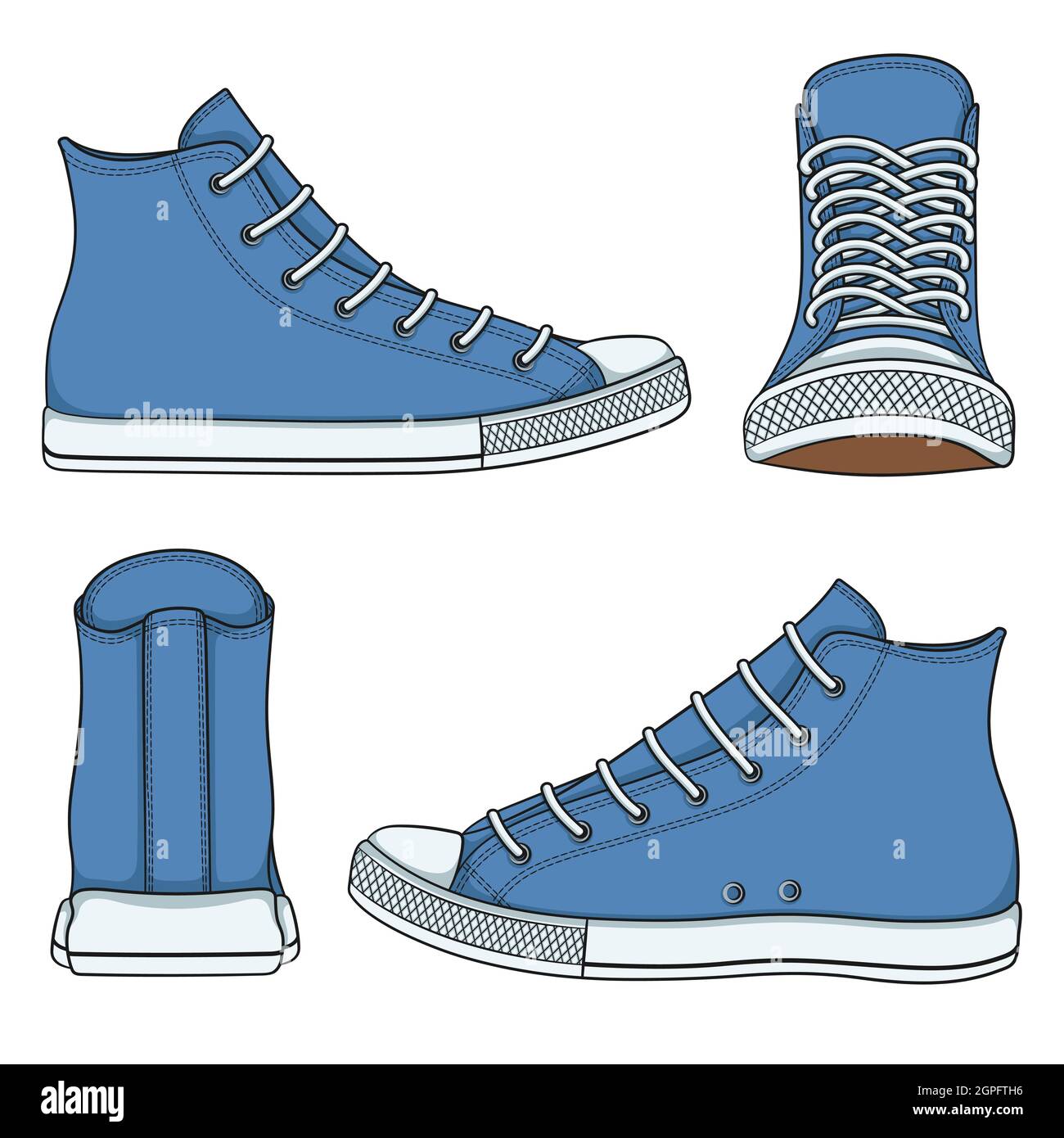 Set of illustrations with blue sneakers. Isolated vector objects on white background. Stock Vector