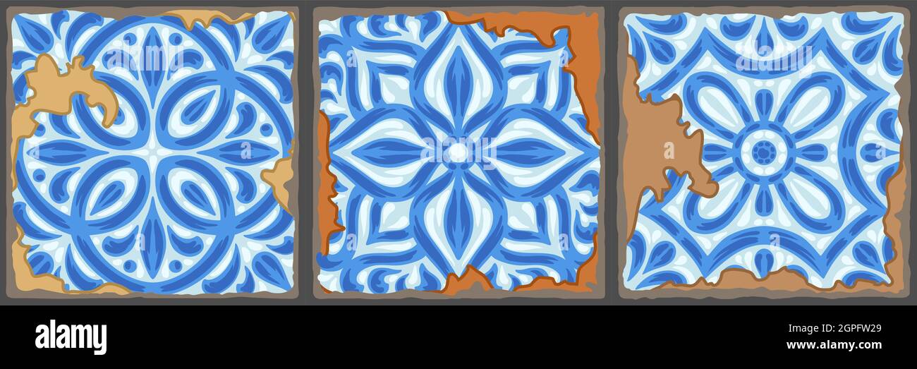 Portuguese azulejo vintage ceramic tile pattern. Old grunge background with chipped enamel tile. Italian pottery or spanish majolica. Stock Vector