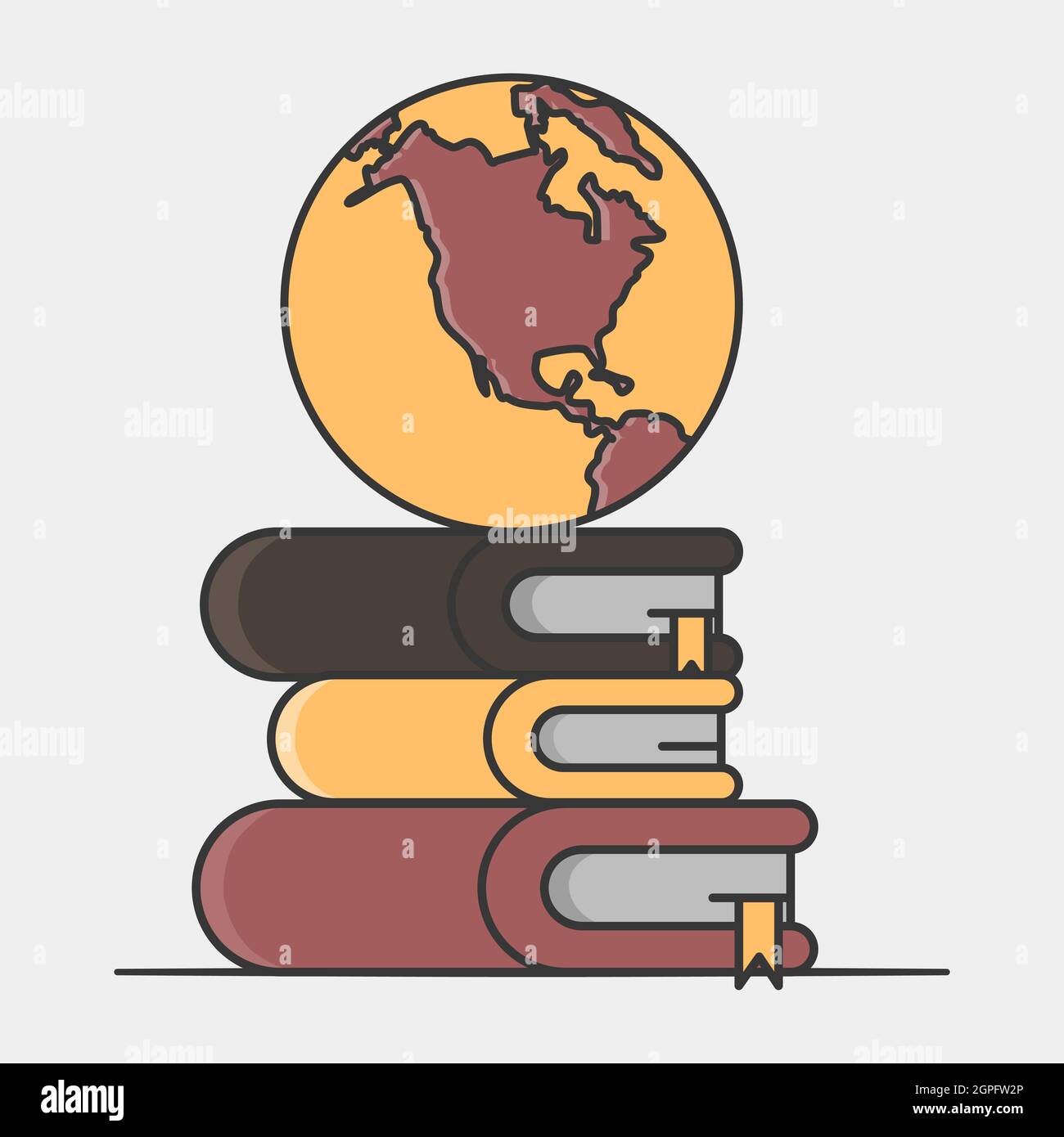 Globe on top of a pile of thick books. World history books concept. Global library. Flat style illustration. Isolated. Stock Vector