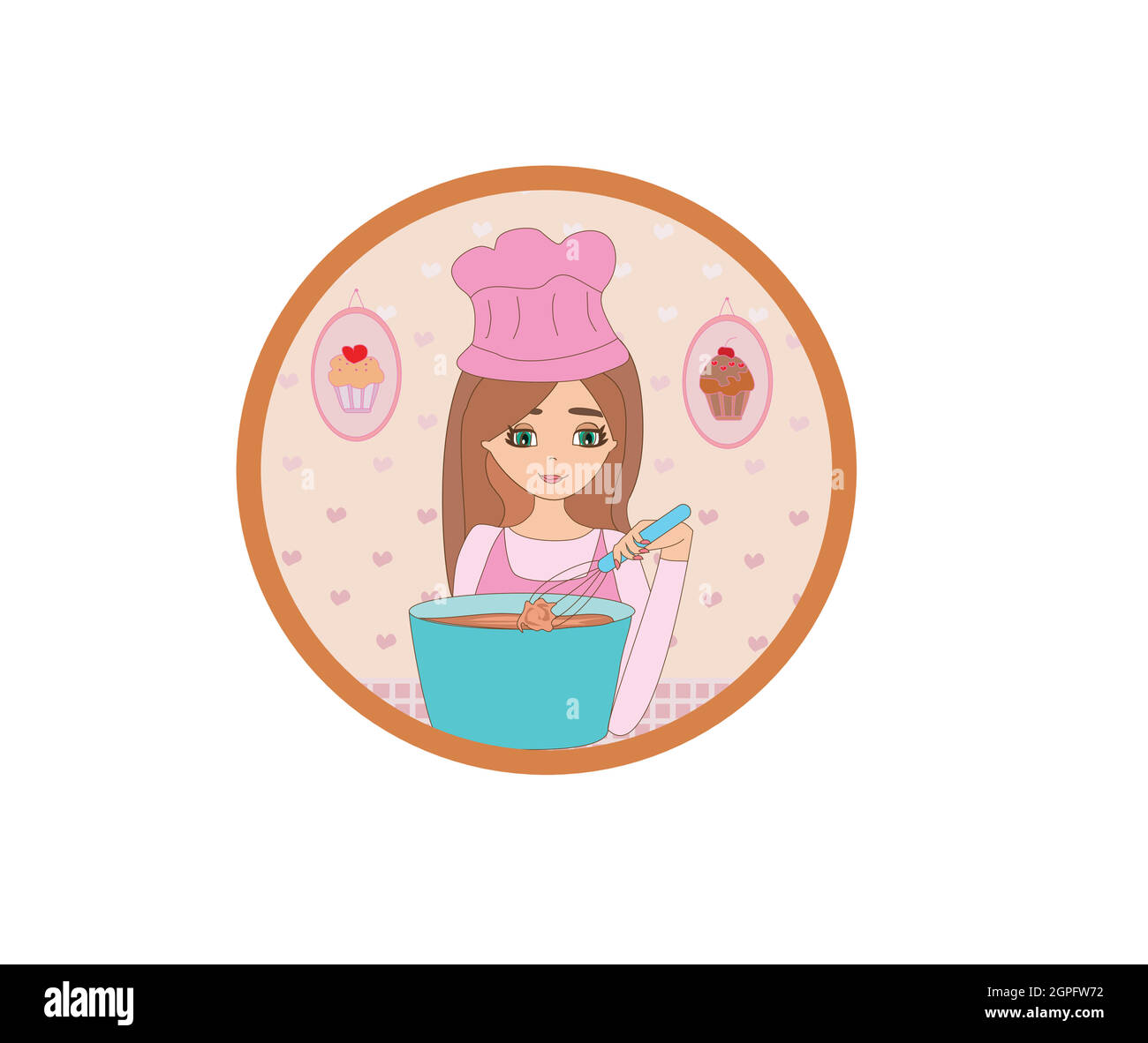 Cartoon of smiling woman in kitchen mixes the dough Stock Vector