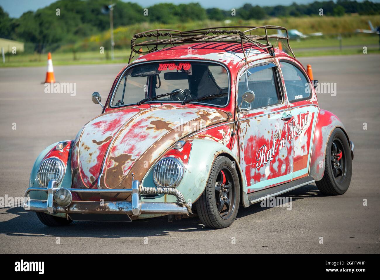 THRUXTOM,HAMPSHIRE/UNITED KINGDOM-JULY 17 2021: A customized and distressed Volkswagon Beetle sits at at Thruxton Motorsport Centre on Saturday. Stock Photo