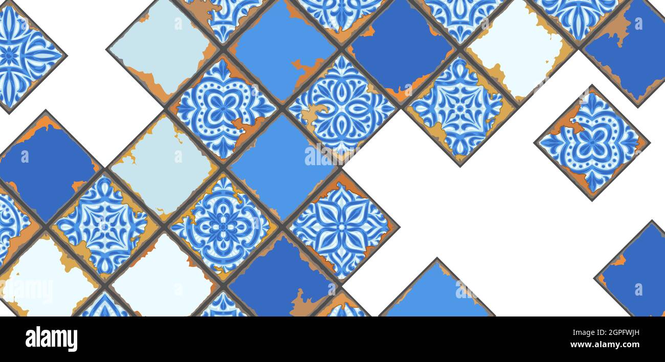 Portuguese azulejo vintage ceramic tile background. Old grunge background with chipped enamel tile. Italian pottery or spanish majolica. Stock Vector