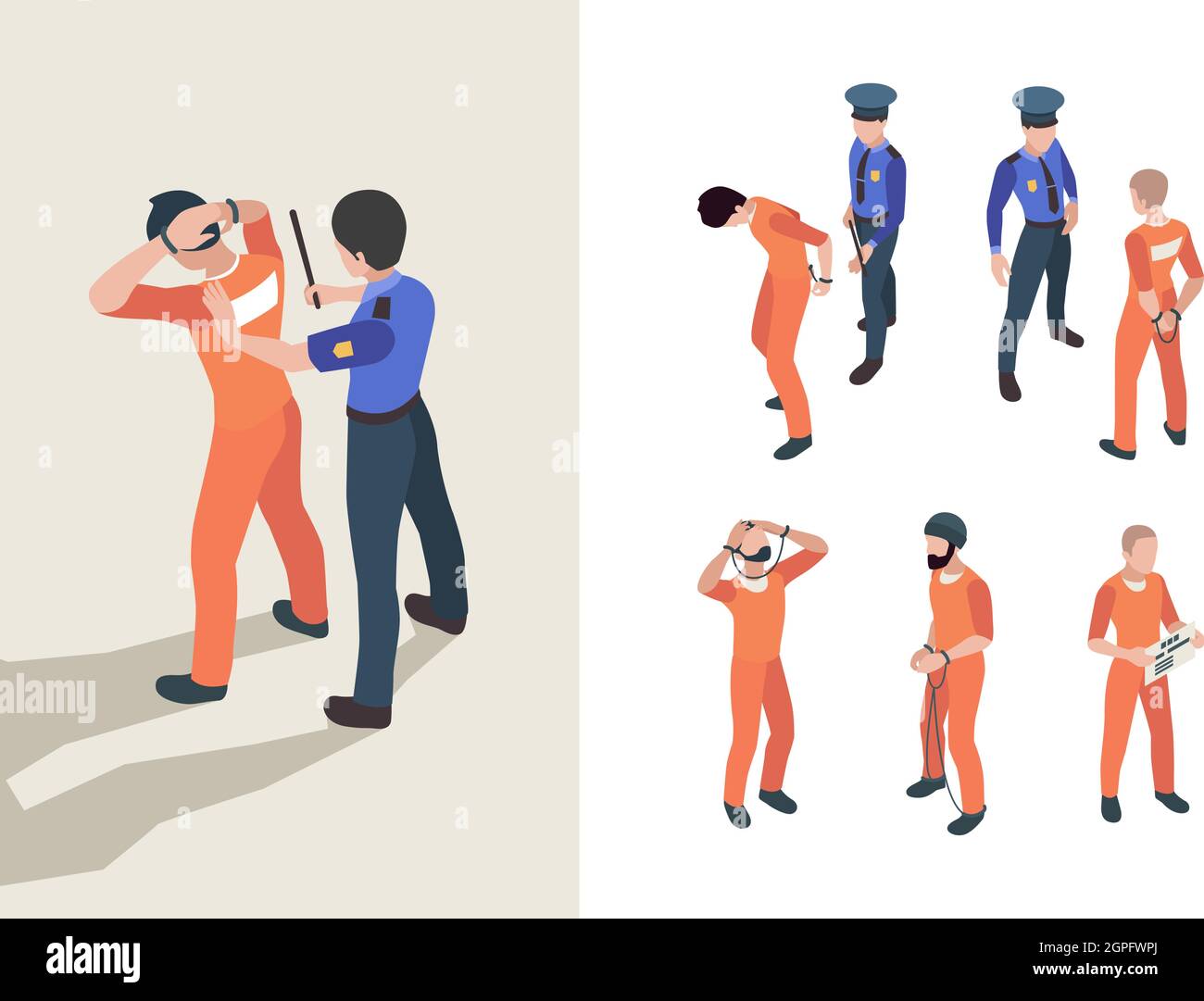 Police and prisoners. Isometric federal jail characters low justice person inmate vector persons Stock Vector