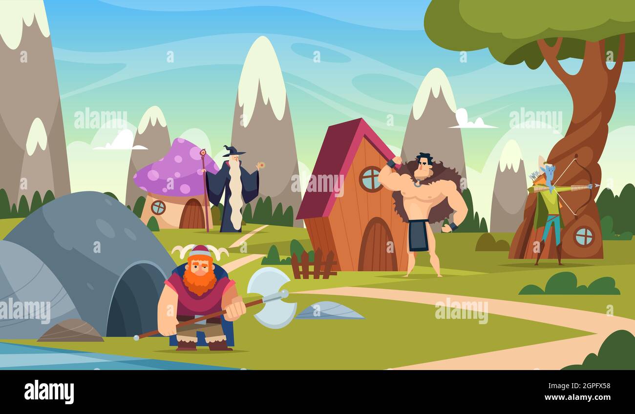 Fairytale Background Funny Cartoon Houses Beautiful Fantasy World With Creatures Castles Vector Cartoon Landscape Illustration Stock Vector Image Art Alamy