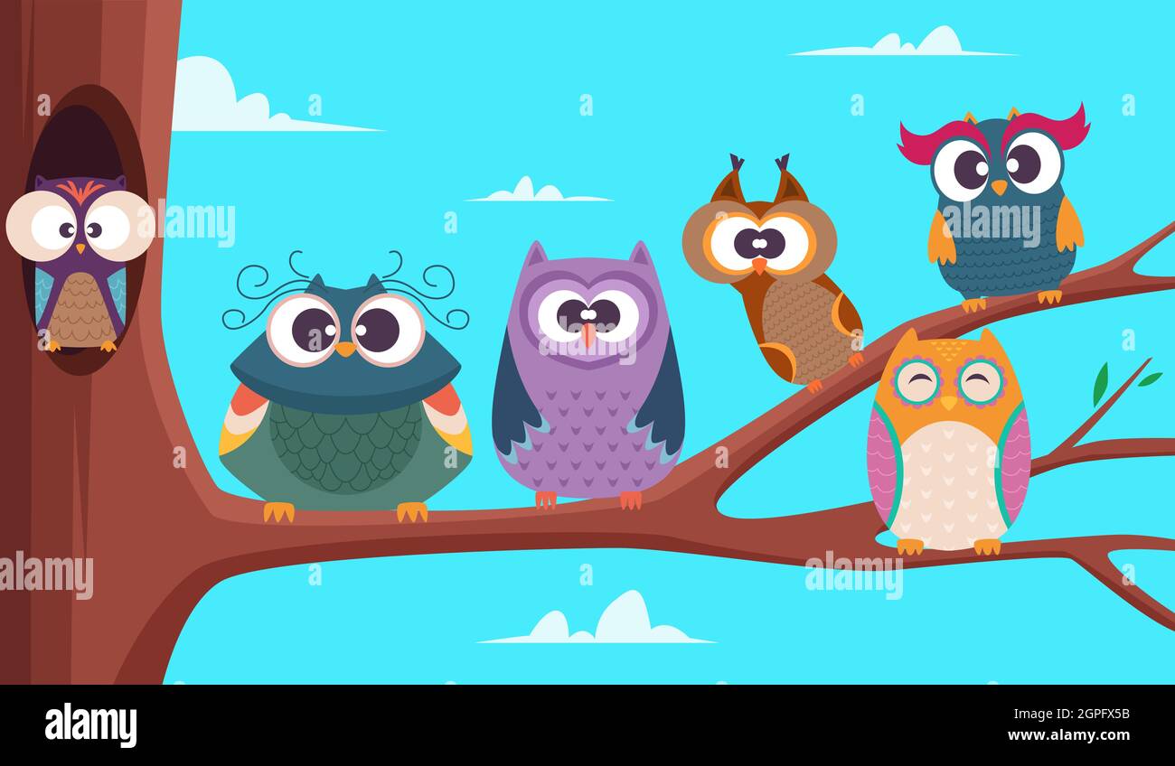 Owls branches. Cute funny group of wild baby birds sitting on branches ...
